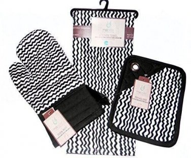 Black Zigzag Design Kitchen Linen 3 Piece Gift Set Potholder, Mitt, Towel NEW
