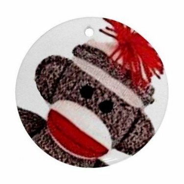 Sock Monkey Face Round Porcelain Ornament or Wall Decor NEW