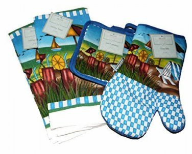 5 Piece Beach Design Kitchen Set with 2 Potholders, 1 Oven Mitt & 2 Towel NEW