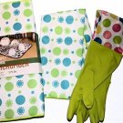 Green Polka Dot Kitchen Linen 3 Piece  Microfiber Drying Mat, Towel, Gloves NEW
