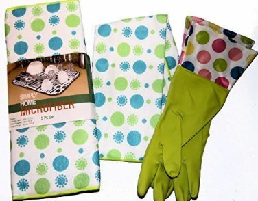 Green Polka Dot Kitchen Linen 3 Piece  Microfiber Drying Mat, Towel, Gloves NEW