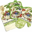 Kitchen Towel Set 4 Pc Spring Fruit Pattern Towel, 2 Pot Holders, Oven Mitt, NEW Kitchen Towel Set 4 Pc Spring Fruit Pattern Towel, 2 Pot Holders, Oven Mitt, NEW