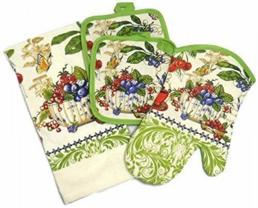 Kitchen Towel Set 4 Pc Spring Fruit Pattern Towel, 2 Pot Holders, Oven Mitt, NEW