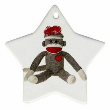 Sock Monkey Star Shaped Porcelain Ornament or Wall Decor Christmas NEW