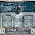 Teal Floral Circles Design 4 Pc Ceramic Bath Ensemble, NEW Teal Floral Circles Design 4 Pc Ceramic Bath Ensemble, NEW