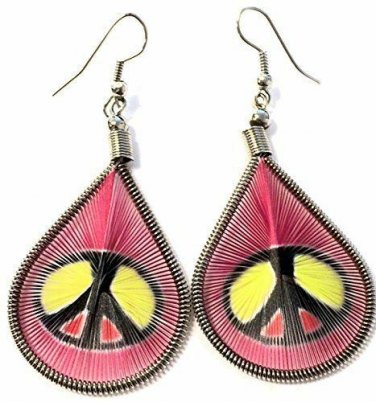 Peace Sign BOHO Design Woven String Teardrop Dangle Earrings 2 inches long NEW