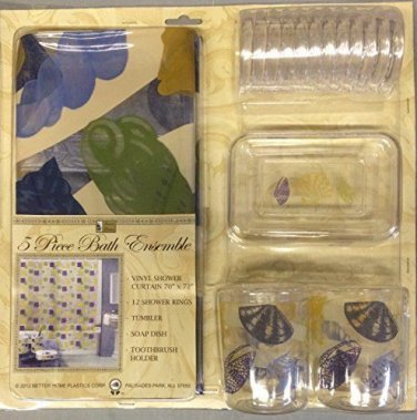 Blue Sea Shells 5 Piece Bath Ensemble - Shower Curtain, Shower Rings, More NEW