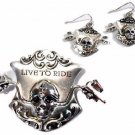 Live to Ride Biker Pendant and Dangle Earrings Silvertone Skull Design NEW