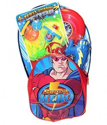 Super Hero Backpack Toy Gift Set, Spinning Tops, water Squirters & Frisbie NEW