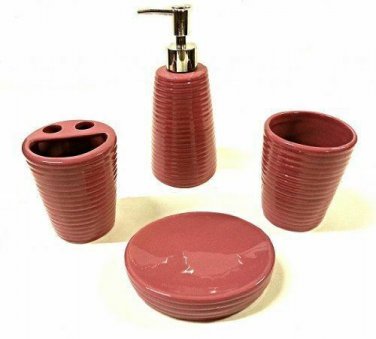 4pc Solid Ribbed Pink Bathroom Ceramic Accessory Set NEW in Box