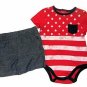 2 Pc Stars & Stripes Patriotic Flag Design Baby Outfit Set Creeper & Shorts NEW