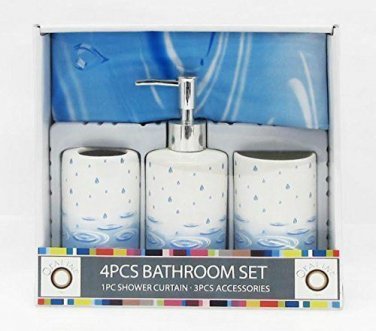 Blue Raindrops Design 4 Pc Ceramic Bath Bathroom Ensemble NEW