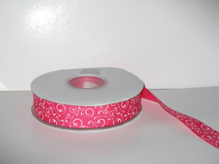 7/8" - Printed Swirly Grosgrain Ribbon - White Swirls on Shocking Pink Grosgrain Ribbon