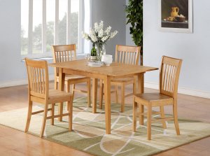 5pc Norfolk kitchen set, table with 4 wood seat chairs in oak Finish. SKU# NOFK5-OAK-W