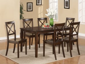 7-PC Cabos Dinette Dining Set Table with 6 wood seat chairs in cappuccino. SKU: CB7S-CAP-W