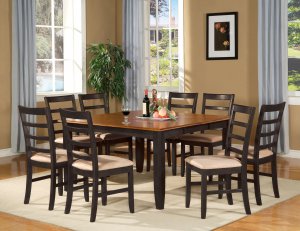 Parfait 9-Pc Dining Set- Dining Set, Table w/8 upholstered in Black & Cherry. SKU: PA9-BLK-C