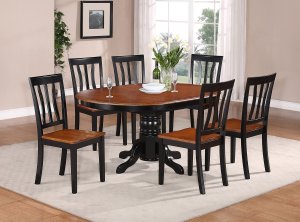 7-PC Easton Oval Dining Table with 6 Wood Seat Chairs in Black & Saddle Brown. SKU#: ET7-BLK-W