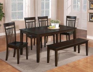 6PC CAPRI KITCHEN SET TABLE with 4 WOOD SEAT CHAIRS & ONE BENCH IN CAPPUCCINO -SKU# C6S-CAP-W