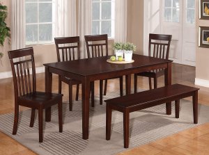6PC CAPRI KITCHEN SET TABLE with 4 WOOD SEAT CHAIRS & ONE BENCH IN MAHOGANY -SKU# C6S-MAH-W