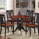 5-PC Antique Round Kitchen Table + 4 Avon Wood Seat Chairs Black & Saddle Brown SKU# ANAV5-BLK-W