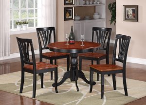 5-PC Antique Round Kitchen Table + 4 Avon Wood Seat Chairs Black & Saddle Brown SKU# ANAV5-BLK-W
