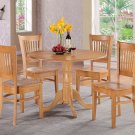 5PC dinette kitchen round table drop leaf + 4 plain wood seat chairs in OAK. SKU: DV5-OAK-W