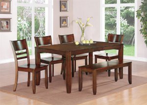 7PC LYNFIELD KITCHEN DINING TABLE w/6 PLAIN WOOD SEAT CHAIRS IN ESPRESSO (NO BENCH) SKU: LY7-ESP-W