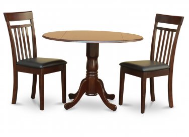 3PC Dublin round table, drop leaf + 2 Capri leather seat chairs in mahogany. SKU: DCA3-MAH-LC