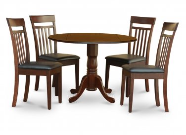 5PC Dublin round table, drop leaf + 4 Capri leather seat chairs in mahogany. SKU: DCA5-MAH-LC