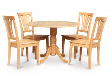 5PC Dublin 42" round table w/ drop leaf + 4 Avon wood seat chairs in oak. SKU: DAV5-OAK-W