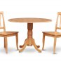 3PC Dublin 42" round table w/ drop leaf + 2 Avon wood seat chairs in oak. SKU: DAV3-OAK-W