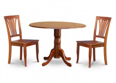 3PC Dublin 42" round table w/ drop leaf + 2 Avon wood seat chairs in saddle brown. SKU: DAV3-SBR-W