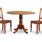 3PC Dublin 42" round table w/ drop leaf + 2 Avon wood seat chairs in saddle brown. SKU: DAV3-SBR-W