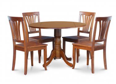 5PC Dublin 42" round table w/ drop leaf + 4 Avon wood seat chairs in saddle brown. SKU: DAV5-SBR-W