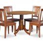 5PC Dublin 42" round table w/ drop leaf + 4 Avon wood seat chairs in saddle brown. SKU: DAV5-SBR-W