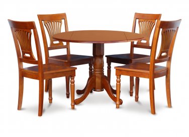 5PC Dublin 42" round table, drop leaf +4 Plainville wooden chairs in saddle brown. SKU: DPL5-SBR-W