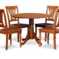 5PC Dublin 42" round table, drop leaf +4 Plainville wooden chairs in saddle brown. SKU: DPL5-SBR-W
