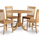 5PC dinette kitchen set round table drop leaf + 4 wooden seat chairs in OAK. SKU: DNO5-OAK-W