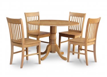 5PC dinette kitchen set round table drop leaf + 4 wooden seat chairs in OAK. SKU: DNO5-OAK-W