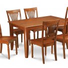 7Pc Square Parfait Dining Table with 6 Plainville Wood Seat Chairs in Saddle Brown. SKU: PFPL7-SBR-W