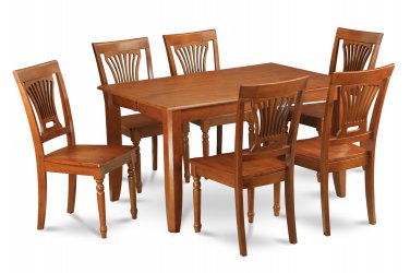 7Pc Square Parfait Dining Table with 6 Plainville Wood Seat Chairs in Saddle Brown. SKU: PFPL7-SBR-W
