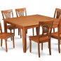 5Pc Square Parfait Dining Table with 4 Plainville Wood Seat Chairs in Saddle Brown. SKU: PFPL5-SBR-W