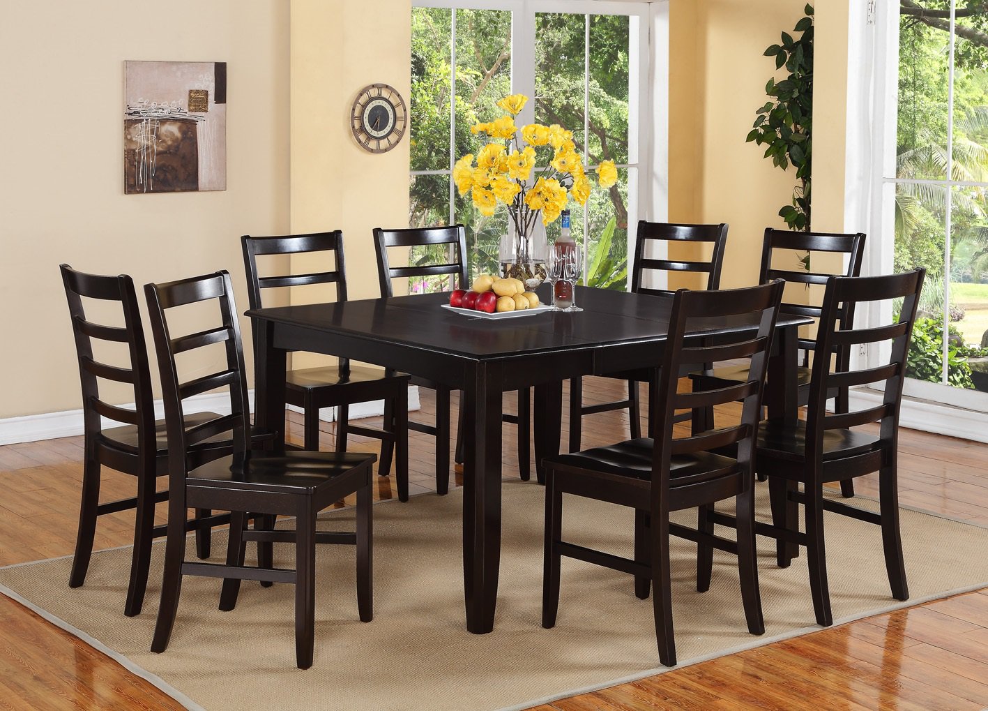 7PC Square Dining Set, Table 54x54x30" with 6 Wooden Seat Chairs in