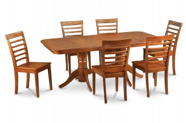 7PC Rectangular Dining Table with 6 Milan Wood Seat Chairs Saddle Brown. SKU: NAML7-SBR-W