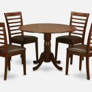 5PC Dublin round table w/ drop leaf +4 Milan leather seat chairs in mahogany. SKU: DLML5-MAH-LC