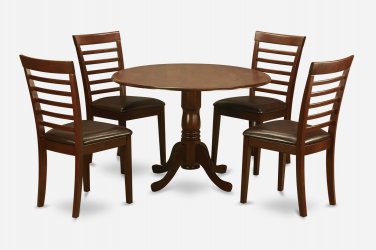 5PC Dublin round table w/ drop leaf +4 Milan leather seat chairs in mahogany. SKU: DLML5-MAH-LC