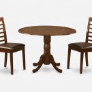 3PC Dublin round table w/ drop leaf +2 Milan leather seat chairs in mahogany. SKU: DMI3-MAH-LC