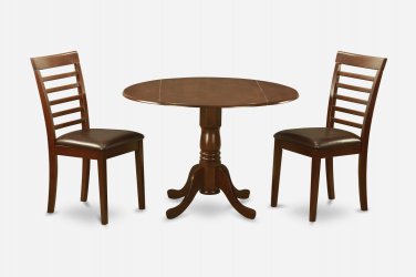 3PC Dublin round table w/ drop leaf +2 Milan leather seat chairs in mahogany. SKU: DMI3-MAH-LC