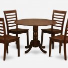 5PC Dublin round table w/ drop leaf +4 Milan wood seat chairs in mahogany. SKU: DMI5-MAH-W