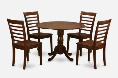 5PC Dublin round table w/ drop leaf +4 Milan wood seat chairs in mahogany. SKU: DMI5-MAH-W